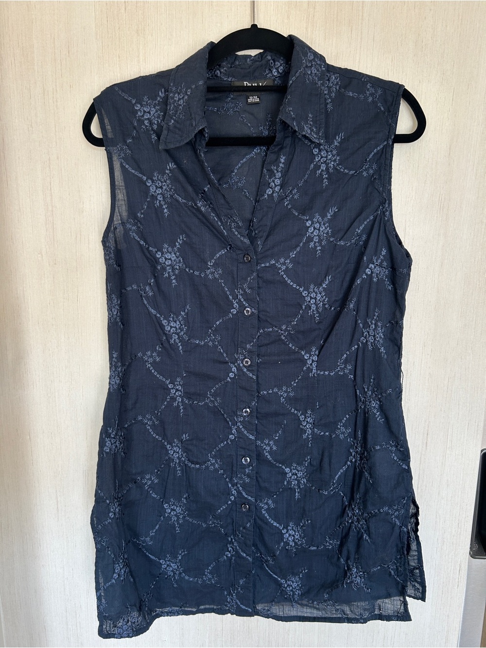 Navy Embroidered Eyelet 100% Cotton Sleeveless Mini Blouse Dress Size 10